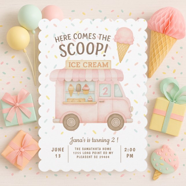 Here Comes the Scoop! | Pink Ice Cream Truck Invitation (Creator Uploaded)