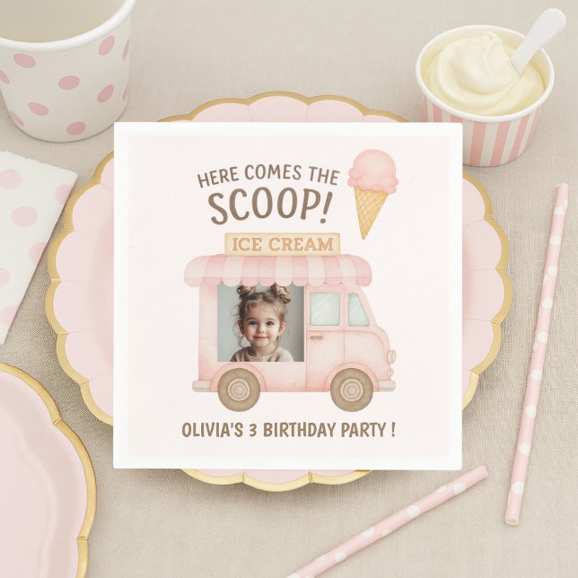 Here Comes the Scoop! | Pink Ice Cream Truck Photo Napkins (Creator Uploaded)