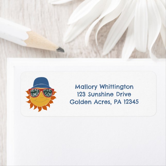 Here Comes the Son Baby Boy Shower Label (Insitu)