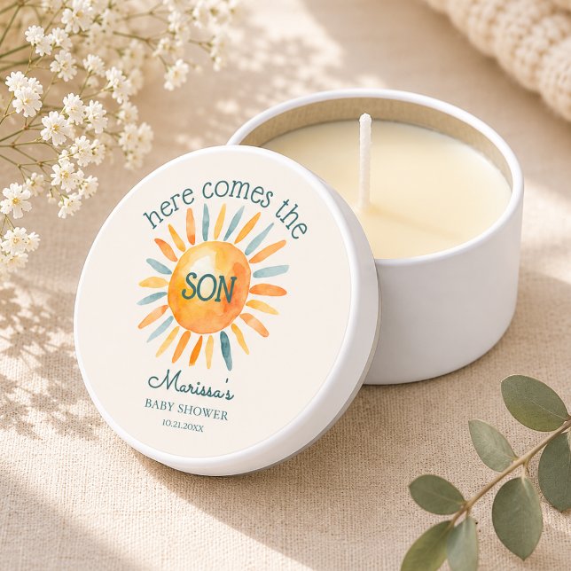 Here Comes the Son Baby Boy Shower Mini Candle Favors (cute elegant here comes the son baby boy shower mini candle favor)