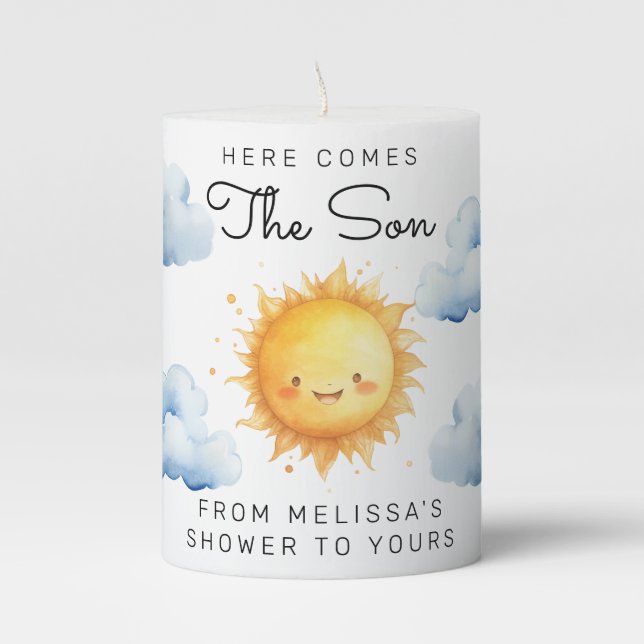 Here comes the Son Baby Boy Shower Pillar Candle (Front)