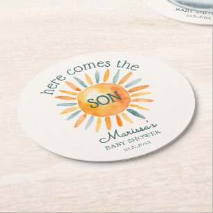 Here Comes the Son Baby Boy Shower Round Paper Coaster