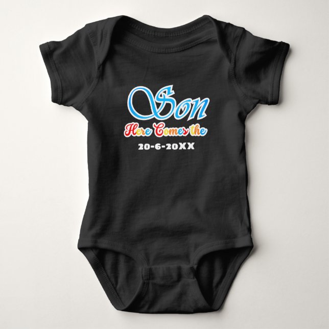 Here comes the son Baby shower Baby Bodysuit (Front)