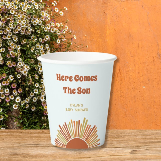 Here Comes The Son Baby Shower Boho Sunshine Paper Cups (here comes the sun boho sunshine baby shower retro baby shower burned yellow orange brown)