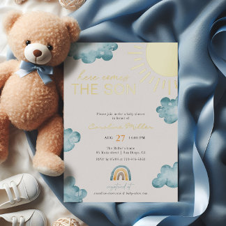 Here Comes The Son Baby Shower Boy Blue Gold Foil Invitation