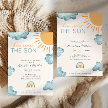 Here Comes The Son Baby Shower Boy Blue Invitation by DesignsByElina at Zazzle