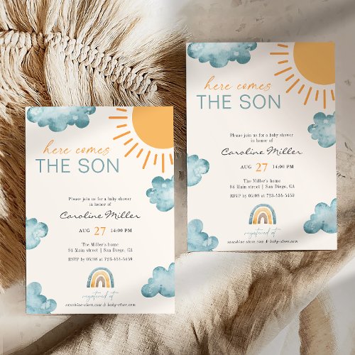 Here Comes The Son Baby Shower Boy Blue Invitation