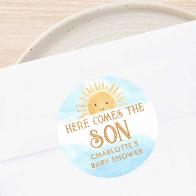 Here Comes The Son Baby Shower  Classic Round Sticker (Creator Uploaded)