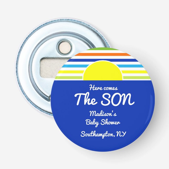 Here Comes The Son Baby Shower Favor Bottle Opener (Front)