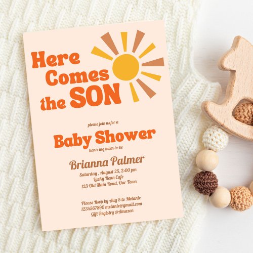 Here comes the son baby shower groovy retro invitation