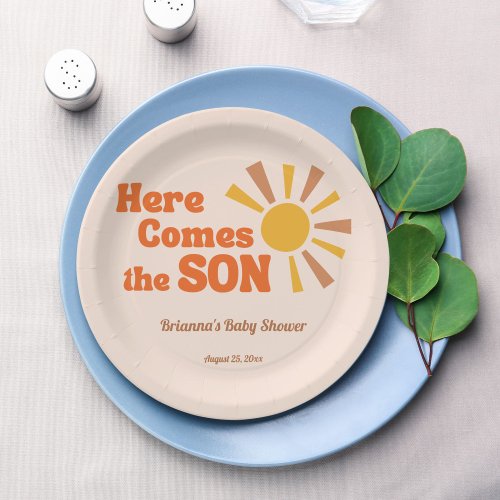Here comes the son baby shower groovy retro paper plates