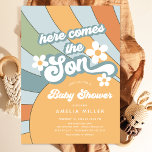 Here Comes The Son Baby Shower Invitation<br><div class="desc">Retro Baby Shower Invitation featuring a boho sun burst blue background ,  scattered daisy flowers,  rainbow,  and the words "here comes the son" in a groovy 70's font. Flip our sweet invitation over to view a coordinating blue back.</div>