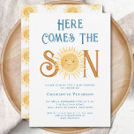 Here Comes The Son Baby Shower  Invitation<br><div class="desc">Invite family and friends to your sun-themed baby shower with this cute sunshine boys' baby shower invitation. It features the text "Here Comes The Son" in blue retro typography with a cute yellow watercolor sun. The back is decorated with a smiling sun pattern. Easily customizable. Original Watercolor © Michele Davies....</div>