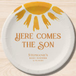 Here Comes The Son Baby Shower Paper Plates<br><div class="desc">Are you planning a boy's baby shower? This cute baby shower paper plate is decorated with a yellow watercolor sun and says "Here Comes The Son" in stylish retro typography on a soft cream background. Easily customizable. Use the Design Tool to change the text size, style, or color. Because we...</div>
