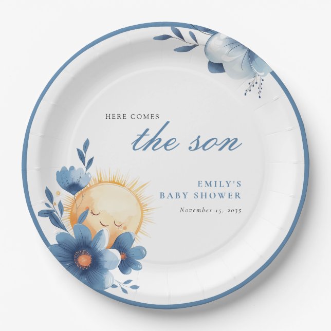 Here Comes the Son Baby Shower Paper Plates (Front)