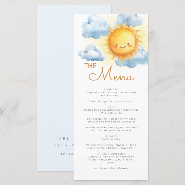 Here Comes The Son Baby Shower Party Menu (Front/Back)