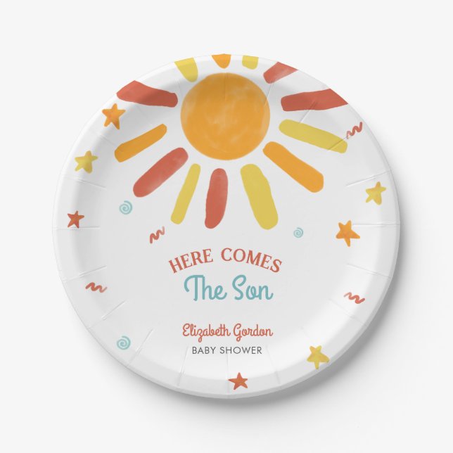 Here Comes The Son Baby Shower Retro Boy Paper Plates (Front)