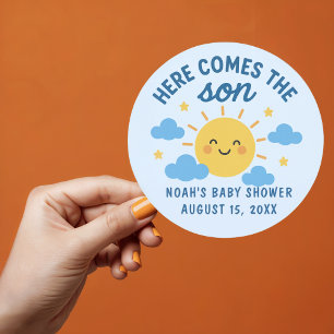 Here Comes the Son Baby Shower Sticker - Sunshine