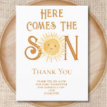 Here Comes The Son Baby Shower Thank You Postcard<br><div class="desc">This fun boy's baby shower thank you postcard features the text "Here Comes The Son" in brown retro typography with a cute smiling yellow watercolor sun. Easily customizable. Because we create our artwork you won't find this exact image from other designers. Original Watercolor © Michele Davies.</div>