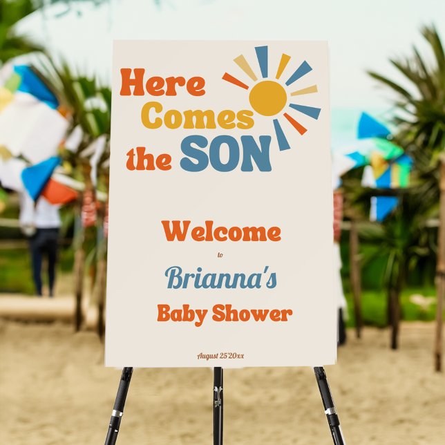 Here comes the son baby shower welcome sign (Here comes the son groovy retro summer boys baby shower welcome sign board personalized decor)