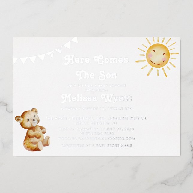 Here Comes The Son Bear Baby Shower Silver Foil Invitation (Front)