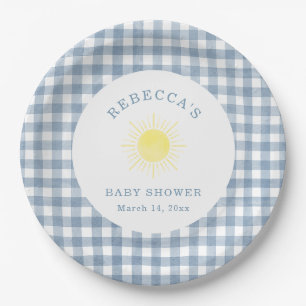 Here Comes the Son Blue Gingham Boy Baby Shower Paper Plates