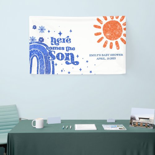 Here Comes The Son Blue Glitter Baby Shower Banner