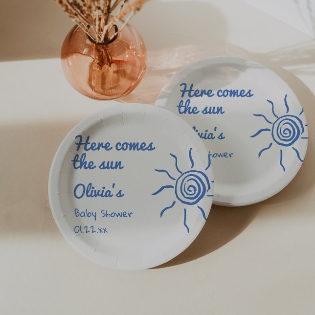 Here Comes The Son Blue Hand Drawn Baby Shower  Paper Plates (Creator Uploaded)