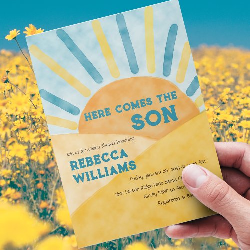 Here Comes the Son Blue Rays Sunshine Baby Shower  Invitation
