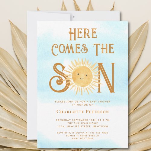 Here Comes The Son Blue Sky Baby Shower  Invitation