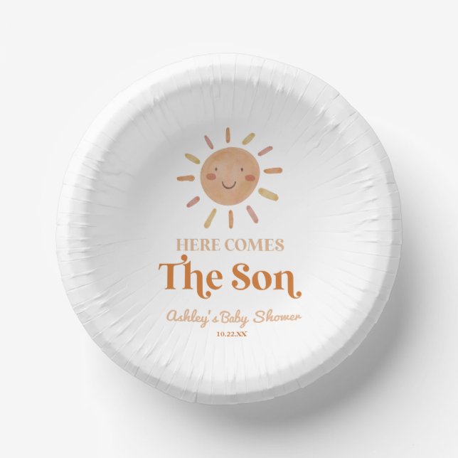 Here Comes The Son Boho Bohemian Retro Baby Shower Paper Bowls (Front)