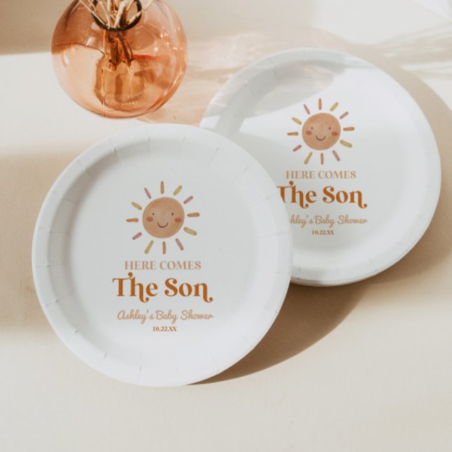 Here Comes The Son Boho Bohemian Retro Baby Shower Paper Plates (Creator Uploaded)