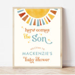 Here Comes the Son Boho Boy Baby Shower Welcome Poster<br><div class="desc">This charming sign features an adorable boho design with a watercolor sun, set against a soft vintage white background. The muted colors of yellow, orange, and blue, along with the retro font, create a warm and inviting atmosphere. Perfect for greeting guests as they arrive, this sign is sure to set...</div>