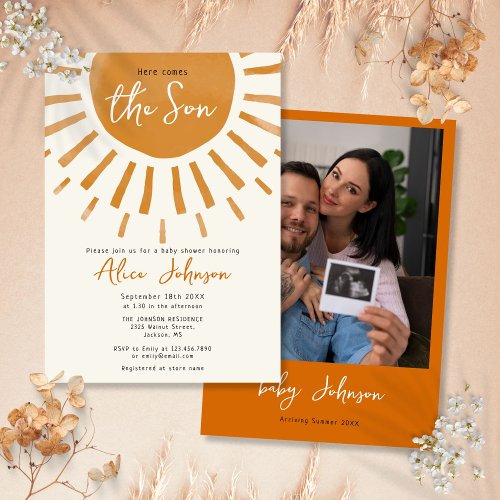 Here Comes The Son Boho Boy Photo Baby Shower Invitation