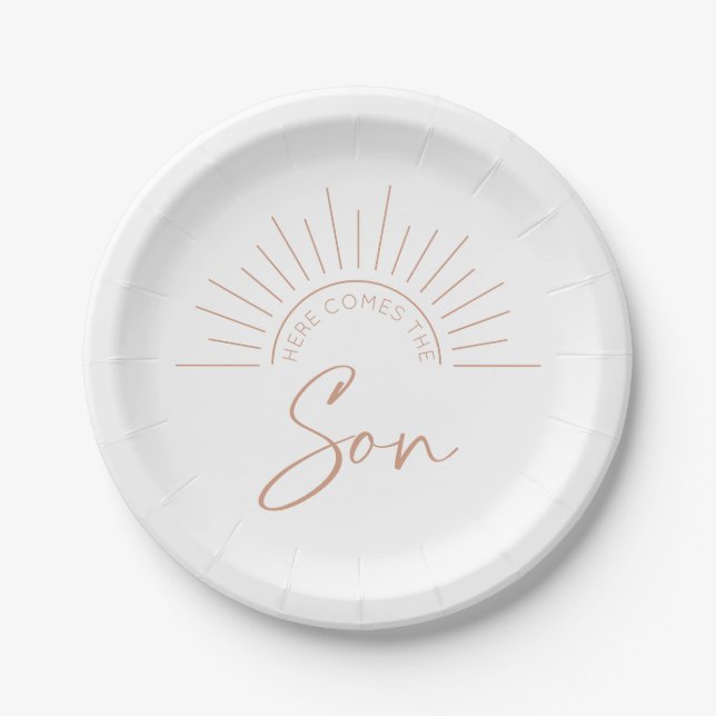 Here Comes the Son Boho Modern Baby Shower Paper Plates (Front)