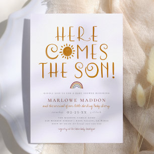 Here Comes The Son   Boho Rainbow Boy Baby Shower Invitation