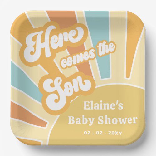 Here comes the son boho retro baby shower  paper plates