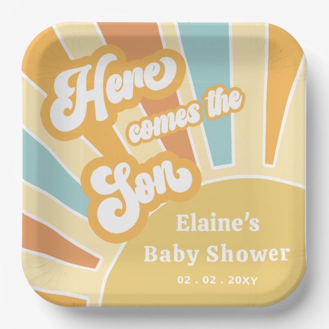 Here comes the son boho retro baby shower  paper plates (Front)