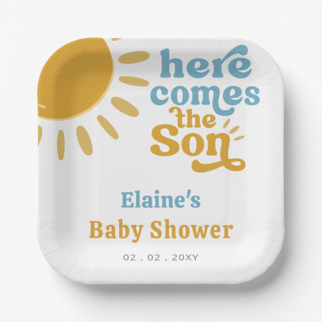 Here comes the son boho retro baby shower  paper plates (Front)