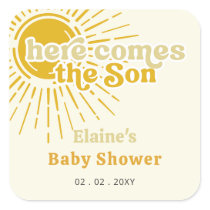 Here comes the son boho retro baby shower  square sticker
