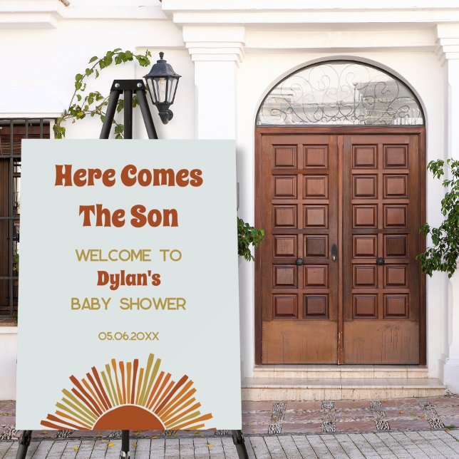 Here Comes The Son Boho Retro Boy Baby Shower Foam Board (here comes the son welcome sign boho sunshine baby shower retro burned yellow orange brown)
