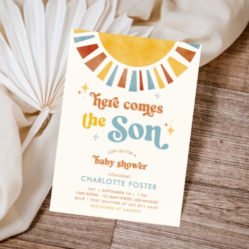 Here Comes the Son Boho Retro Boy Baby Shower Invitation
