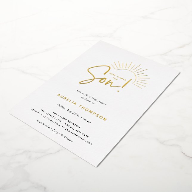 Here Comes The Son Boho Sun Baby Shower Foil Invitation (Rotated)