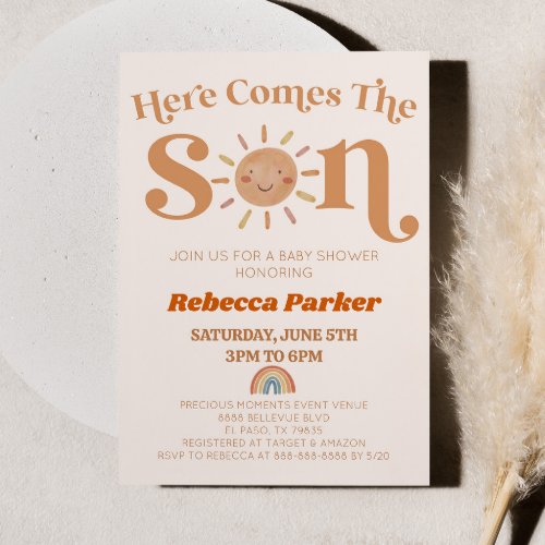 Here Comes The Son Boho Sun Rainbow Baby Shower Invitation