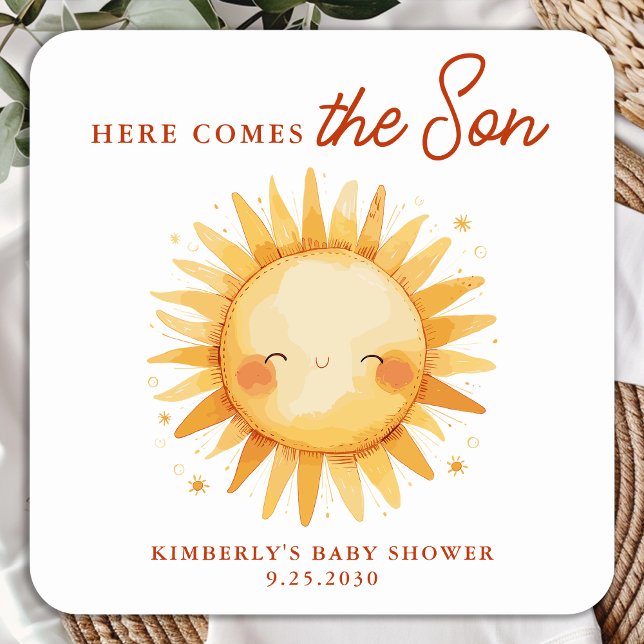 Here Comes The Son Boho Sunshine Cute Baby Shower Square Sticker (Creator Uploaded)