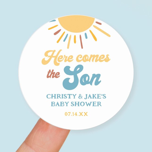 Here Comes The Son Boy Baby Shower Favors Classic Round Sticker (Creator Uploaded)
