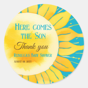 Here Comes the Son Boy Blue Sunshine Baby Shower Classic Round Sticker