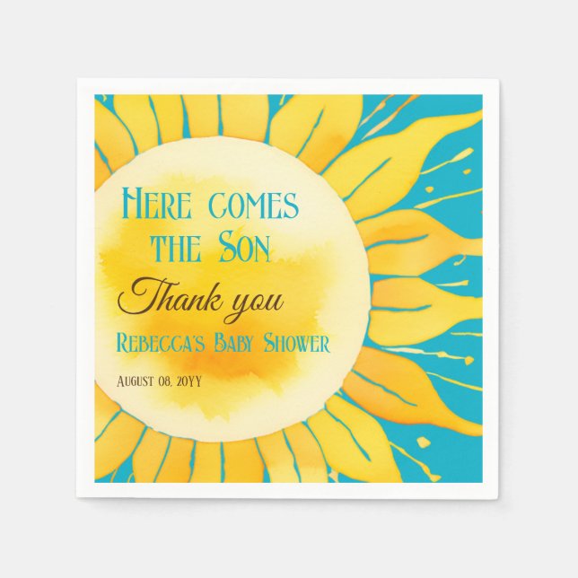 Here Comes the Son Boy Blue Sunshine Baby Shower Napkins (Front)