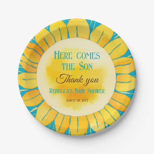 Here Comes the Son Boy Blue Sunshine Baby Shower Paper Plates (Front)