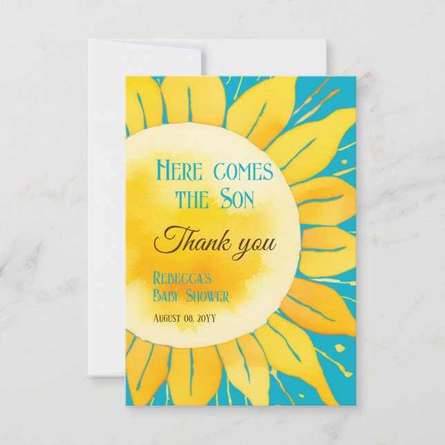 Here Comes the Son Boy Blue Sunshine Baby Shower Thank You Card (Front)